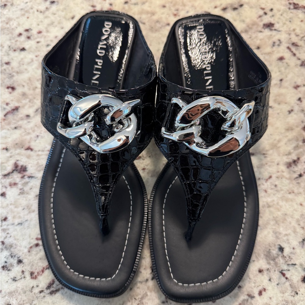 Donald J. Pliner Glossy Black Sandals with Metallic Detail